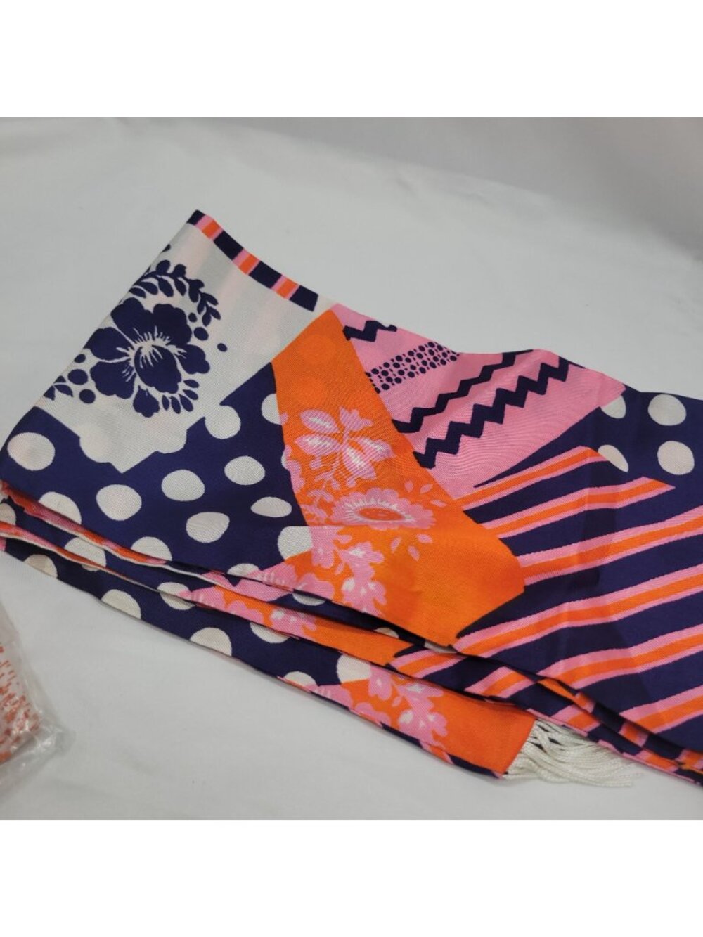 Vtg 60s Orange Purple Pink Patchwork Scarf Fringe Trim 64"x6" Groovy Retro Style - Picture 9 of 15